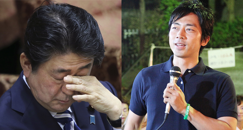아베 총리(왼쪽)가 최악의 위기에 빠지면서 고이즈미 신지로 의원이 자민당의 차세대 총재감으로 주목을 받고 있다.(사진=뉴시스)