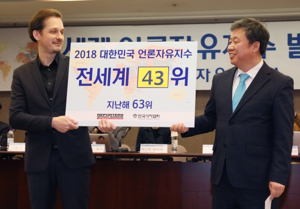 정규성 한국기자협회장(오른쪽)과 세드릭 알비아니 국경없는기자회 아시아지부장이 4월 25일 서울 중구 프레스센터에서 열린 '2018 세계언론자유지수' 발표 기자회견에서 한국의 언론자유지수를 공개하고 있다. (사진=뉴시스)