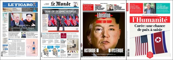 좌로부터 르피가로(Le Figaro), 르몽드 (Le Monde), 리베라시옹(Libération), 뤼마니테(L’Humanité) 등 프랑스를 대표하는 4개 일간지의 6월 12일 자 1면 표지.(사진=홍소라)