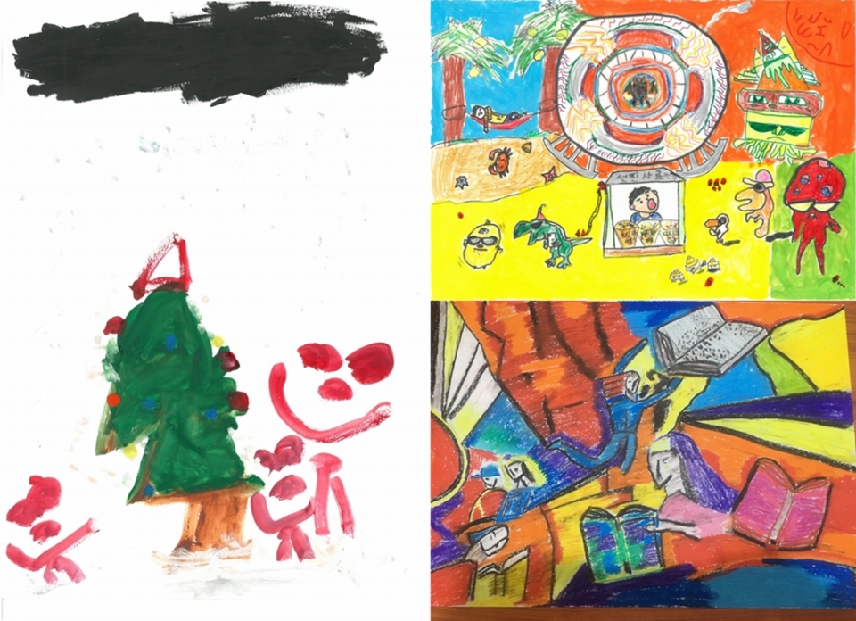 이채원(5) 어린이의 대상(왼쪽) ‘언제나 크리스마스처럼’과 이준우(8) 어린이의 금상 (오른쪽 위) ‘지구에 놀러온 외계인’,  G. Cordero(12,필리핀) 금상(오른쪽 아래) ‘Education A More Colorful Future’ Hanskey 작품 (사진=선진)