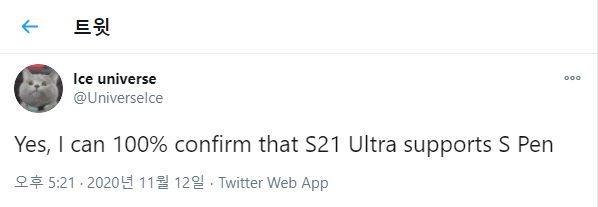 IT 팁스터 아이스 유니버스가 갤럭시S21 울트라에 S펜이 탑재될 것이라고 관측했다. (사진=트위터 @UNIVERSEICE)