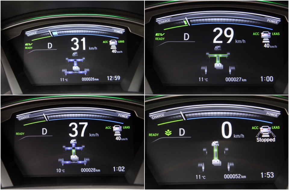 CR-V 하이브리드 작동 모드 EV모드(위 왼쪽부터 시계방향), 충전모드, 엔진구동모드, 엔진과 모터 구동모드 (사진=손진석 기자)