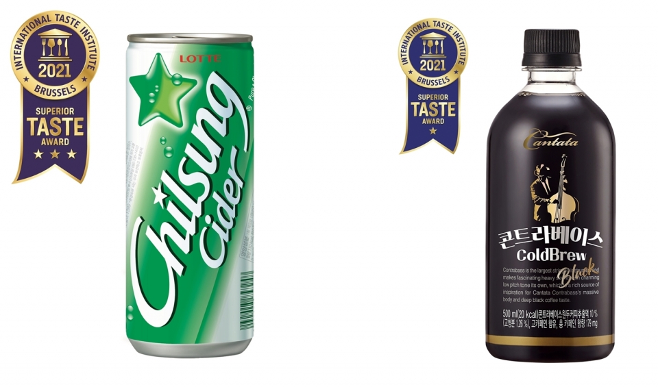 롯데칠성음료는 16일 자사의 대표 브랜드 ‘칠성사이다’와 ‘칸타타 콘트라베이스 콜드브루 블랙’이 ‘2021 ITI 국제식음료품평회’에서 ‘국제 우수 미각상(Superior Taste Award)’을 수상했다고 밝혔다. (사진=롯데칠성음료)