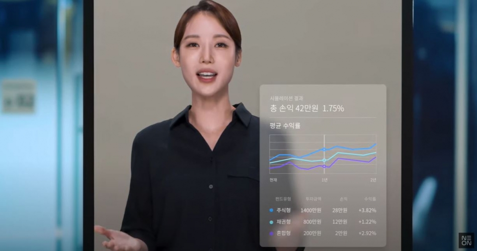 NEON 유튜브 채널에서 공개한 신한은행 AI 신기술 콘셉트 영상 중 고객 추천 투자 상품 시뮬레이션. (사진=NEON 유튜브 영상 캡처)