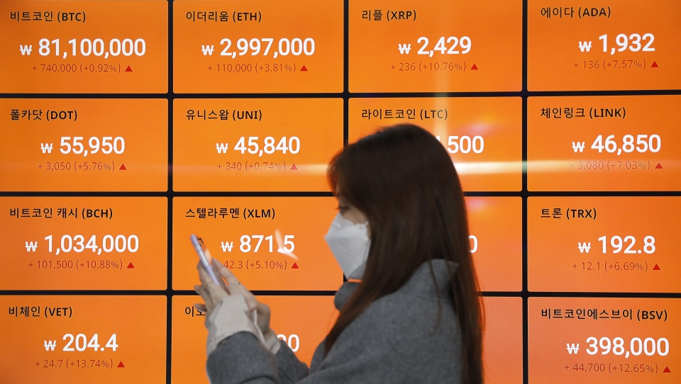 국내 가상화폐 거래소에서 비트코인 가격이 사상 처음으로 8000만원을 돌파한 14일 서울 빗썸 강남고객센터에서 직원이 가상화폐 시세를 확인하고 있다.(사진=뉴시스)