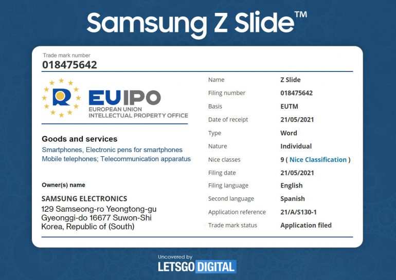 삼성전자가 지난 21일 유럽특허청(EUIPO)에 'Z슬라이드' 상표를 출원했다. (사진=렛츠고디지털)