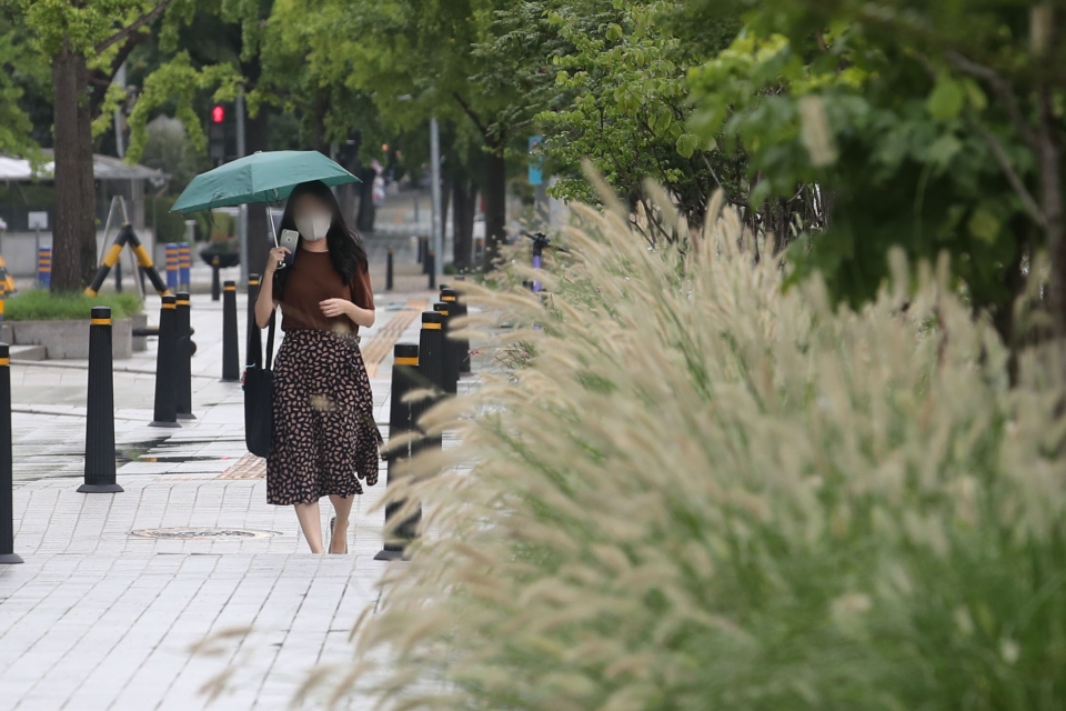 전국적으로 비가 내린 27일 오후 서울 여의도공원에서 시민들이 우산을 쓰고 이동하고 있다. (사진=뉴시스)