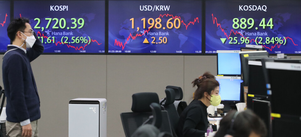 코스피가 전 거래일(2,790.00)보다 71.61포인트(2.56%) 내린 2,720.39에 마감한 25일 오후 서울 중구 하나은행 딜링룸 전광판에 지수가 표시되고 있다. (사진=뉴시스)