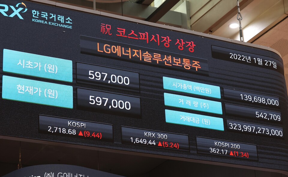 1월 27일 서울 여의도 한국거래소에서 열린 LG에너지솔루션의 코스피 신규상장 기념식에서 전광판에 시초가 59만 7천원이 적혀있다. (사진=뉴시스)