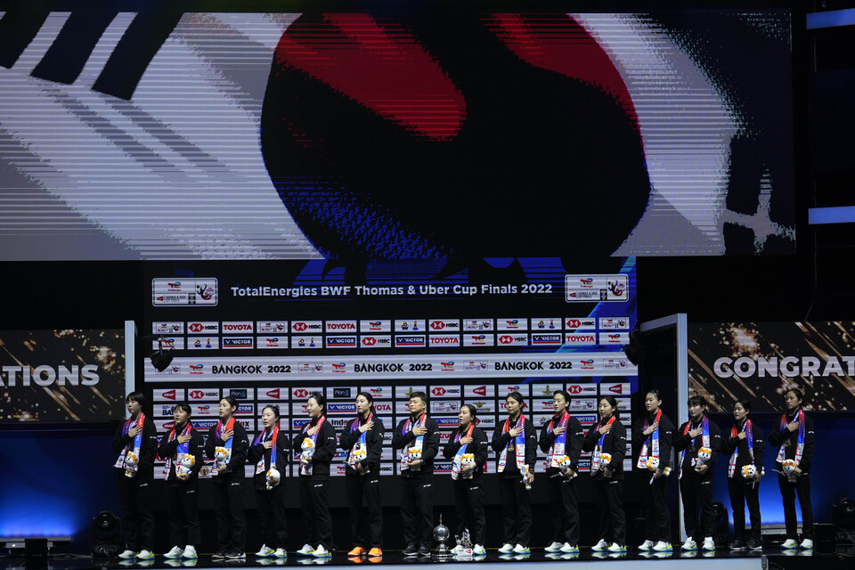 한국은 14일(한국시간) 태국 방콕에서 열린 2022 세계여자단체배드민턴선수권대회(우버컵) 결승에서 중국을 3-2로 꺾고 우승을 차지했다. (사진=AP/뉴시스)
