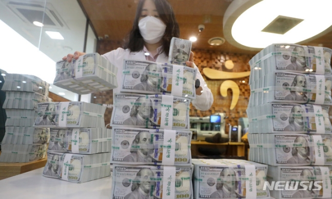 5일 오전 서울 중구 하나은행 위변조대응센터에서 직원이 달러를 정리하고 있다. [사진=뉴시스]