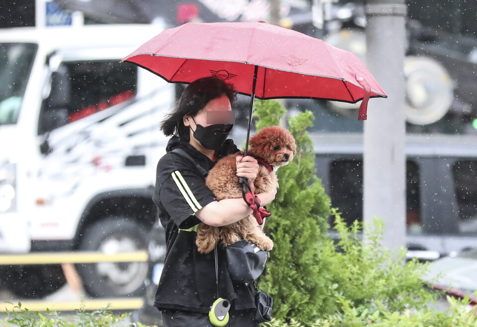 17일 오후 서울시 강남구청역 인근에서 한 시민이 갑작스러운 소나기에 우산을 쓰고 이동하고 있다. (사진=뉴시스)