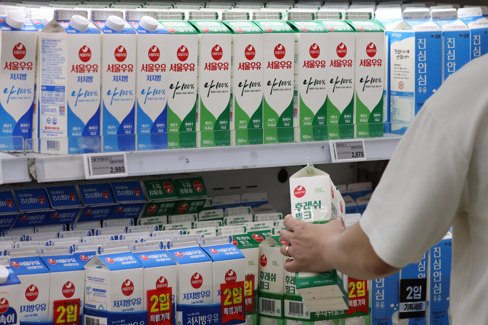 우유의 원재료인 원유가격이 리터당 88원(8.8%) 오르면서 서울우유협동조합과 매일유업, 남양유업 등은 지난 1일부터 우유 가격을 인상했다. 사진은 2일 오전 서울 시내 대형마트에 진열된 우유. [사진=뉴시스]