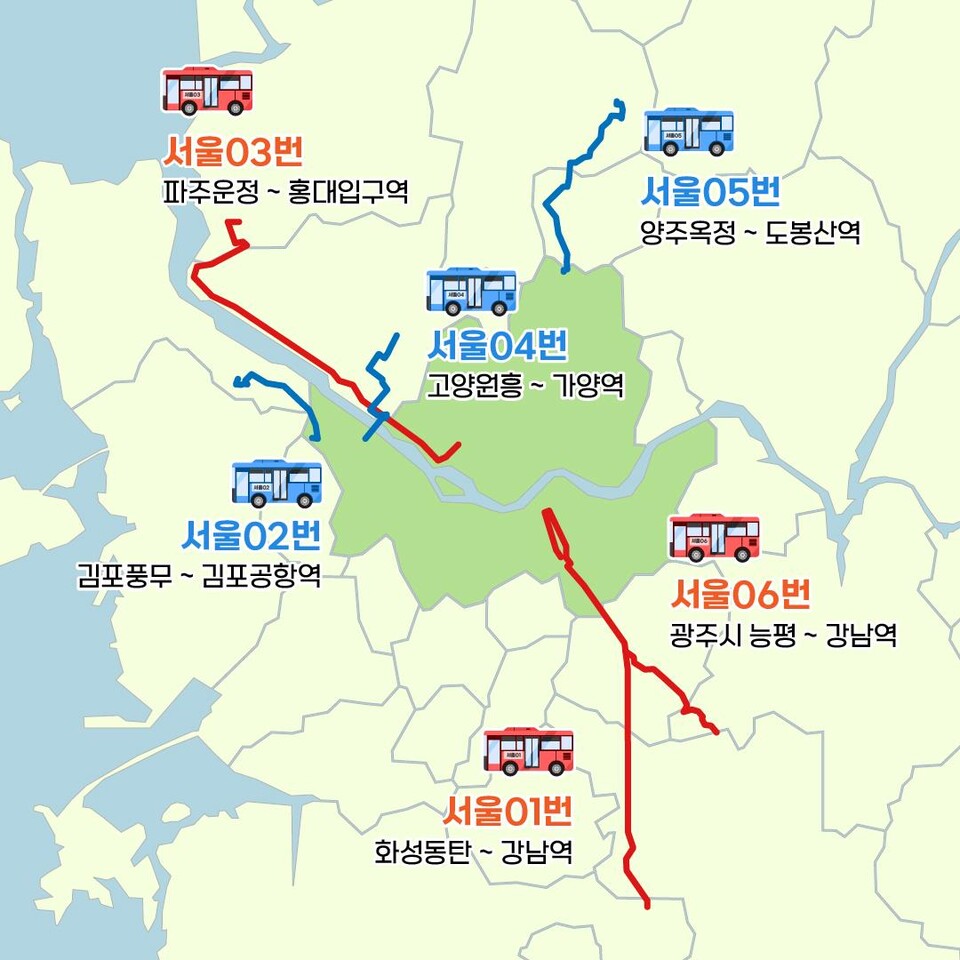 서울시가 수도권 대중교통 편의를 위해 아침 출근길을 직접 찾아가는 ‘서울동행버스’를 11월 6일부터 4개 노선을 추가해 총 6개 노선으로 확대 운행한다. [위치도=서울시]