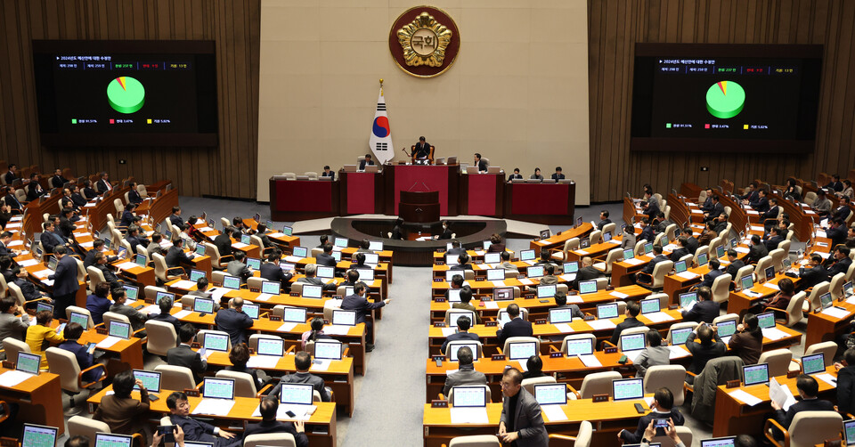 21일 오후 서울 여의도 국회에서 열린 제411회국회(임시회) 제2차 본회의에서 2024년도 예산안이 가결되고 있다. [사진=뉴시스]