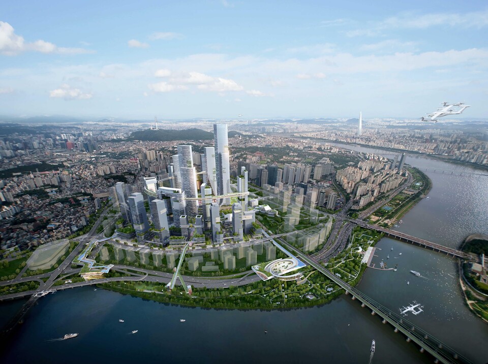 서울시가  ‘용산국제업무지구’ 개발계획을 발표, 내년 기반시설 착공에 들어가 빠르면 2030년 초에 입주를 시작한다. 한강에서 바라본 전경 [조감도=서울시]