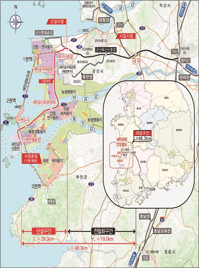 새만금 개발의 ‘대동맥’ 역할을 할 철도 노선이 본격 추진된다. [이미지=국토부]