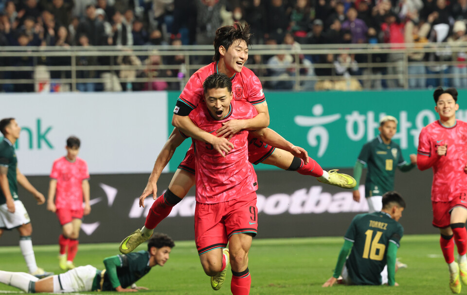14일 오후 대전 유성구 대전월드컵경기장에서 열린 축구 국가대표팀 평가전 대한민국과 볼리비아의 경기에서 한국 조규성이 추가골을 넣은 뒤 기뻐하고 있다. [사진=뉴시스[