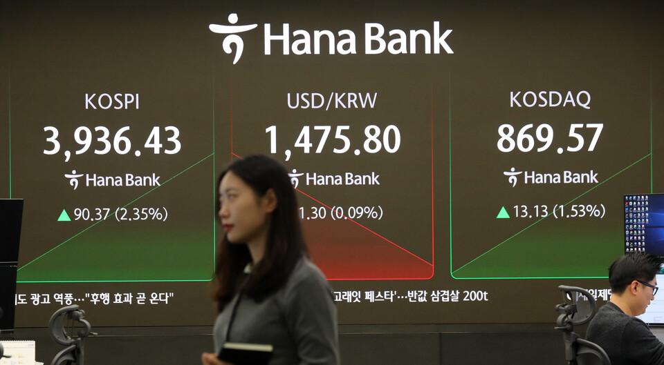 코스피가 전 거래일(3846.06)보다 96.30포인트(2.50%) 상승한 3942.36에 개장한 24일 오전 서울 중구 하나은행 딜링룸 전광판에 지수가 표시 되고 있다. [사진=뉴시스]